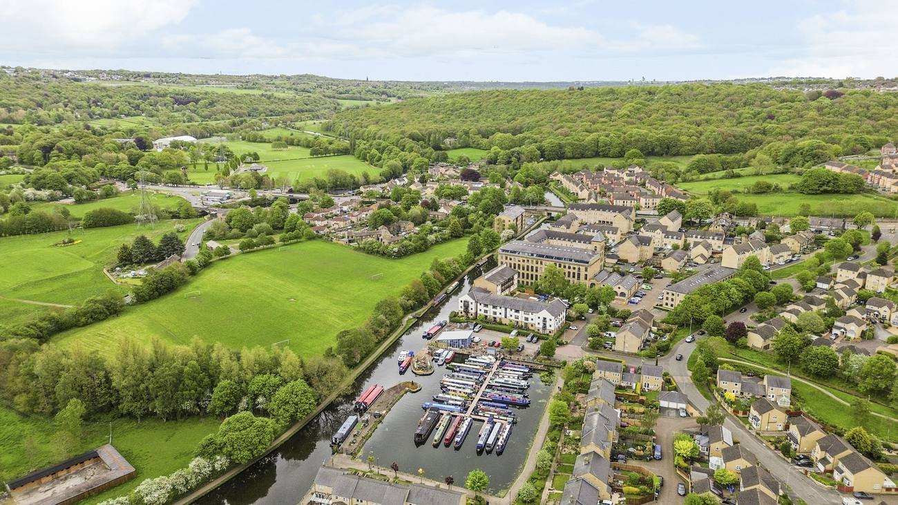 Aerial drone photograph of a canal marina in West Yorkshire